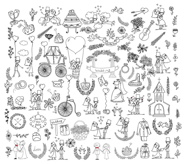 ชุดแต่งงาน Doodle สําหรับบัตรเชิญ — ภาพเวกเตอร์สต็อก