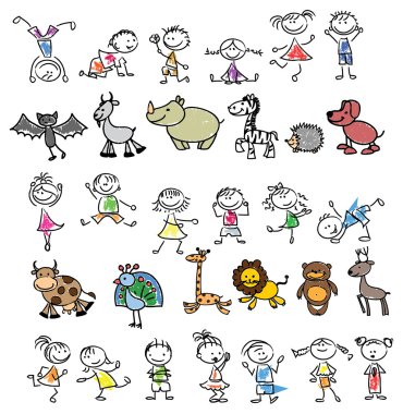 doodle animals and kids clipart