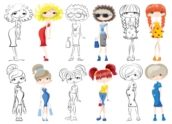 Dibujos animados chicas de moda — Vector de stock