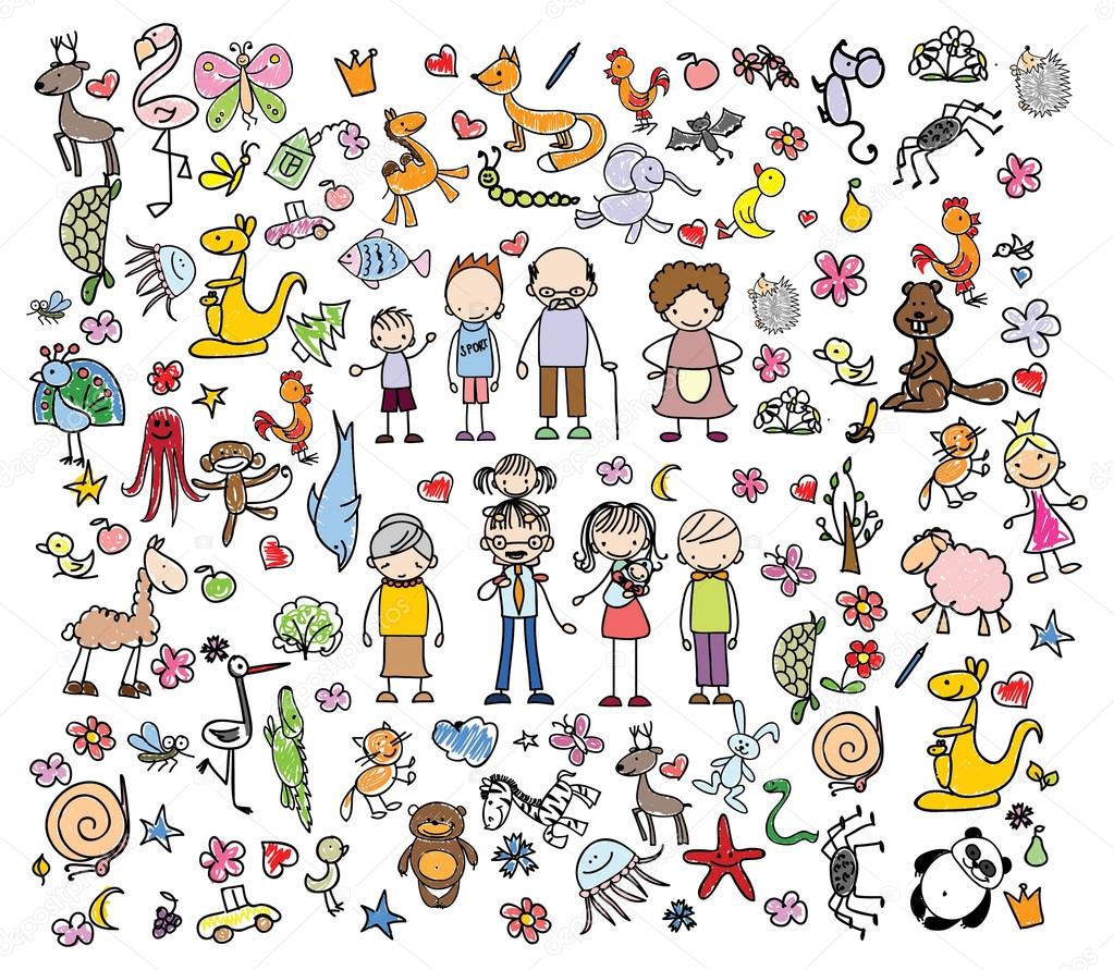 doodle animals, people, flowers