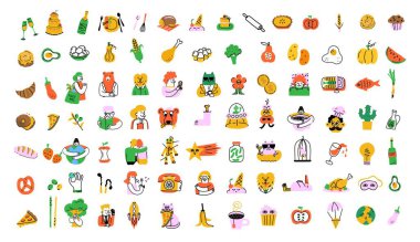 Modern hipster 90 'ların stil avatarları, logolar, simge çıkartmaları çizimleri. Yamalar, çıkartmalar, etiketler, etiketler, pullar için modaya uygun karalama çizimleri koleksiyonu.