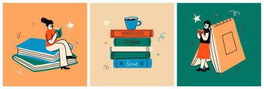 Dünya Kitap Günü grafikleri - kitap haftası etkinlikleri. Modern düz vektör konsepti insanları okuma, genç adam gökyüzünde uçan kitap okuma modası modaya uygun retro tarzı