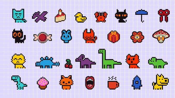 Ретро-набор для питомцев. Симпатичные 8-битные векторные существа с винтажным стилем игры. Очаровательная коллекция дикой природы в ностальгическом пиксельном искусстве для цифрового дизайна, наклеек, иконок и принтов.