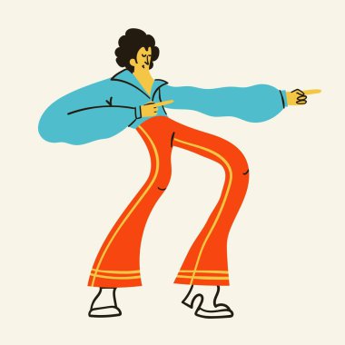 Canlı ve enerjik bir vektör illüstrasyonunda disko dansçıları renkli İspanyol paça pantolonları ve klasik pozlarda klasik moda sallıyorlar..