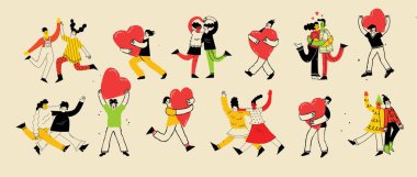 Mutlu, sevgi dolu çiftlerin kucaklaşmasının canlı bir gösterimi. Bu modern sanat, sevgililer günü ya da romantik projeler için mükemmel olan insan bağlantısının neşesini yakalar..