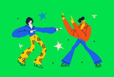 Dinamik, saf karakterler retro disko tarzında dans ediyorlar. Canlı pembe ve yeşil bir palet. Müzik festivalleri, etkinlik posterleri ve moda markaları için mükemmel..