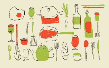 Şişeler, çatallar ve tavalar dahil saf mutfak aletleri ve malzemeler. Organik gıda markaları, sanatsal tarifler ve yemek pişirme hikayeleri için elle çizilmiş çiğ bir estetik.