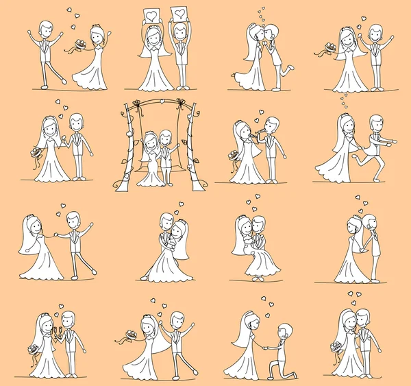 Düğün resimleri, gelin ve damat seti — Stok Vektör