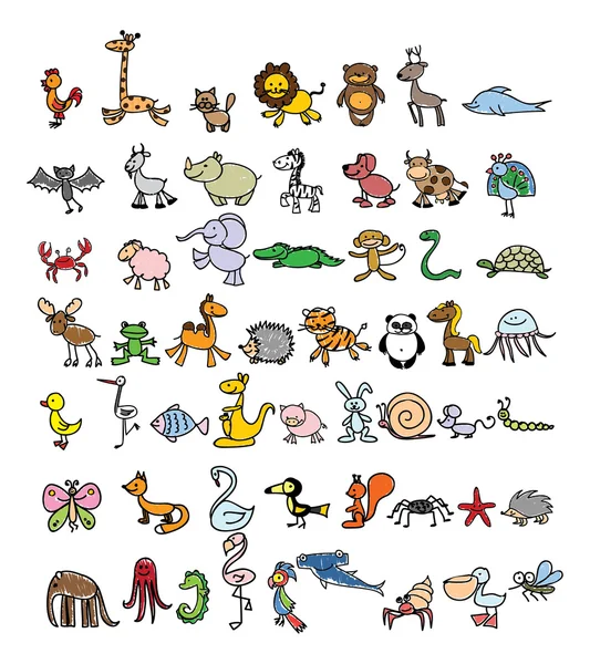 Set di animali dei cartoni animati doodle — Vettoriale Stock