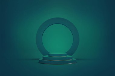 3 boyutlu görüntüleme. Soyut yeşil geometrik arkaplan. Silindir basamaklı boş yuvarlak çerçeve, boş podyum, boş kaide, minimum sahne. Ürün sunumu için alanı olan modern gösteri modeli