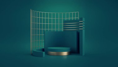 3D görüntüleme, soyut geometrik yeşil arkaplan. İlkel şekiller, silindir podyum, boş şablon, altın metal ızgara. Ürün sunumu için alanı olan modern gösteri modeli