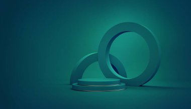 3 boyutlu görüntüleme. Soyut yeşil geometrik arkaplan. Ürün sunumu için alanı olan modern minimal vitrin modeli. Silindir basamaklı boş yuvarlak çerçeve, boş podyum, boş kaide, sahne