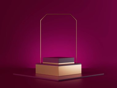 3D görüntüleme, soyut pembe minimum arkaplan ve altın çerçeveli. Boş sahne, boş kaide, moda podyumu, vitrin, ürün sergisi platformu. Premium boş reklam afişi modeli