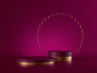 3D görüntüleme, soyut pembe, minimum arkaplan. Silindir podyum, boş kaide, boş sahne, vitrin standı, fotokopi alanı ile ürün platformu boş maketi. Premium reklam tasarımı