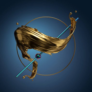 3D görüntüleme, soyut modern minimal arkaplan. Sıvı altın, spiral altın sıçrama. İlkel geometrik şekiller, altın yüzük, yanardöner mavi çizgi, metalik elementler, basit izole nesneler. Dijital sanat