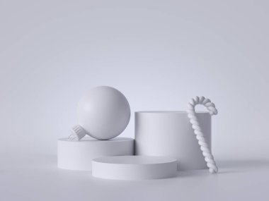 3D soyut beyaz Noel arkaplanı, top ve şeker kamışlarıyla süslenmiş boş podyum. Yuvarlak platform, boş kaide basamakları, kopyalama alanı. Ürün gösterisi stand-up 'ı. En az temizlik biçimi.
