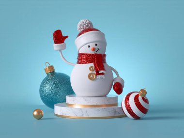 Üç boyutlu Noel arkaplanı. Cam toplarla süslenmiş mermer kaidede duran kardan adam. Boş bir podyum, boş bir alan. Silindir platform basamakları. Ürün gösterisi modeli..