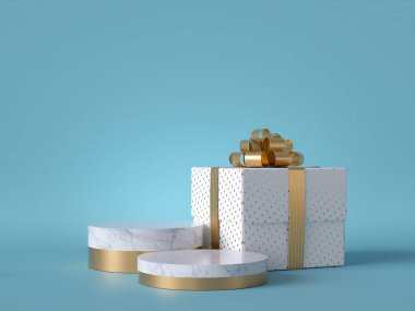 3D paketlenmiş Noel hediyesi mavi arka planda izole edilmiş. Altın yaylı beyaz kare kutu. Yuvarlak mermer podyum, boş kaide merdivenleri, boş alan. Silindir platformu. Ürün gösterisi modeli..