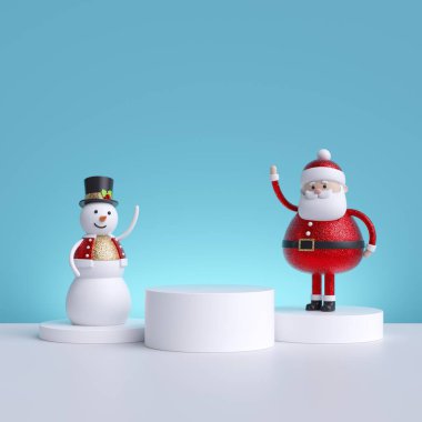 Noel Baba ve Kardan Adam, mavi arka planda izole edilmiş. Vitrinde duran komik oyuncaklar. Kopyalama alanı olan ticari şablon.