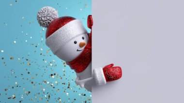 Noel arkaplanı. Üç boyutlu kardan adam beyaz tahta tutuyor. Kış tatili boş afiş şablonu. Mutlu yıllar tebrik kartı maketleri. Eğlenceli bir karakter..