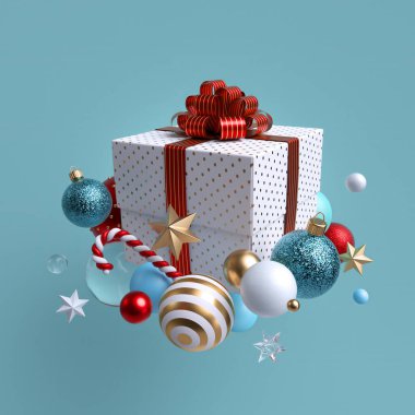 3D Noel hediyesi, kırmızı yay, cam toplar, baston şekerler, altın ve kristal yıldızlarla sarılı beyaz kare kutu. Mavi arka planda izole edilmiş kış tatili klibi sanatı