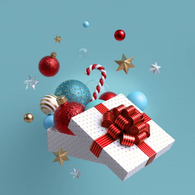 3D Noel süsleri ve cam toplar düşüyor, kırmızı fiyonklu beyaz bir kutu açılıyor. Kış tatili paketi. Uçan nesneler. Mavi arkaplanda izole edilmiş şenlikli klip sanatı
