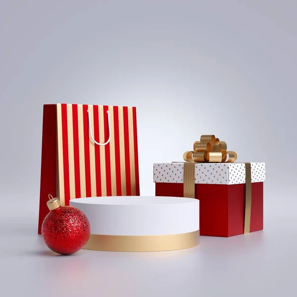 Mockup Pubblicitario Natale Shopping Bag Podio Rotondo Confezione Regalo Avvolta — Foto Stock