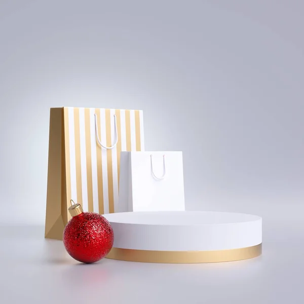 Maqueta Comercial Navidad Bolsas Compras Podio Redondo Adorno Bola Roja — Foto de Stock