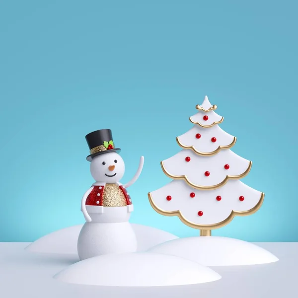 Återgivning Julkort Mall Med Snögubbe Och Julgran Isolerad Blå Bakgrund — Stockfoto