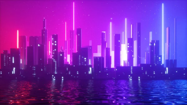 Render Absztrakt Városi Futurisztikus Háttér Felhőkarcolók Neonfénnyel Csillagos Éjszakai Égbolttal — Stock Fotó
