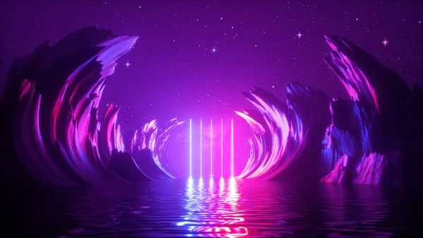 Renderowanie Abstrakcyjne Neonowe Tło Świecącymi Laserowymi Liniami Pionowymi Skały Pod — Zdjęcie stockowe