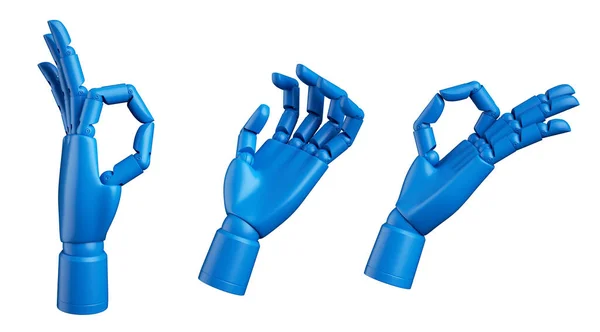 3D渲染 蓝色假人手 机械机器人机械手 一组在白色背景上隔离的各种手势 人造身体部分假肢 — 图库照片