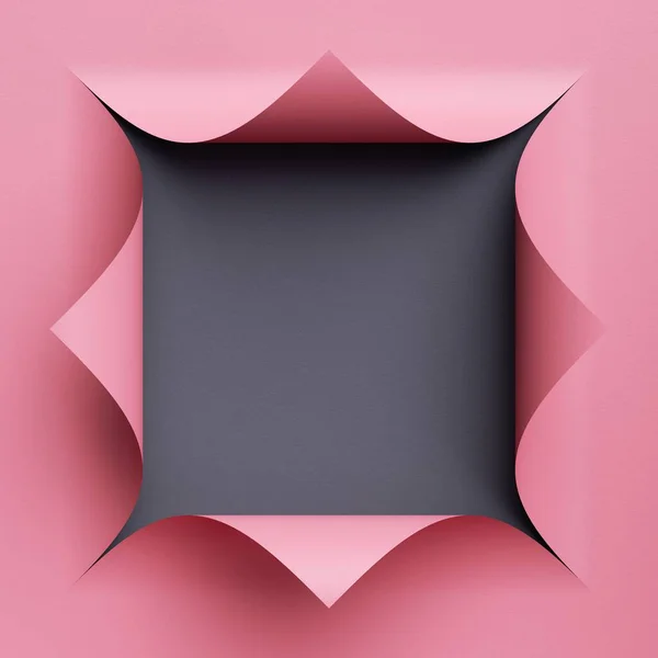 Vykreslení Abstraktní Kreativní Pozadí Prázdným Čtvercovým Rámečkem Růžový Papír Zakřivenými — Stock fotografie