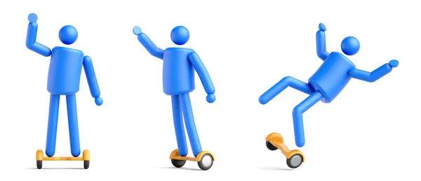 Renderer Abstrakter Blauer Mann Mit Gelbem Hoverboard Einfaches Geometrisches Menschliches — Stockfoto