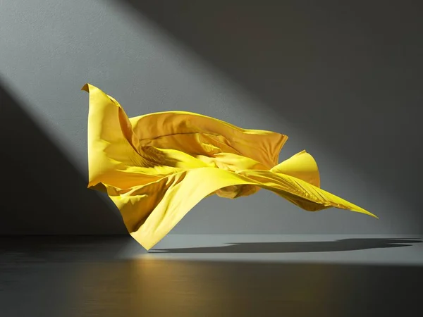 노란색 격자무늬의 격자무늬가 어두운 바닥에 드리워져 조명을 받았다 섬유는 바람에 — 스톡 사진