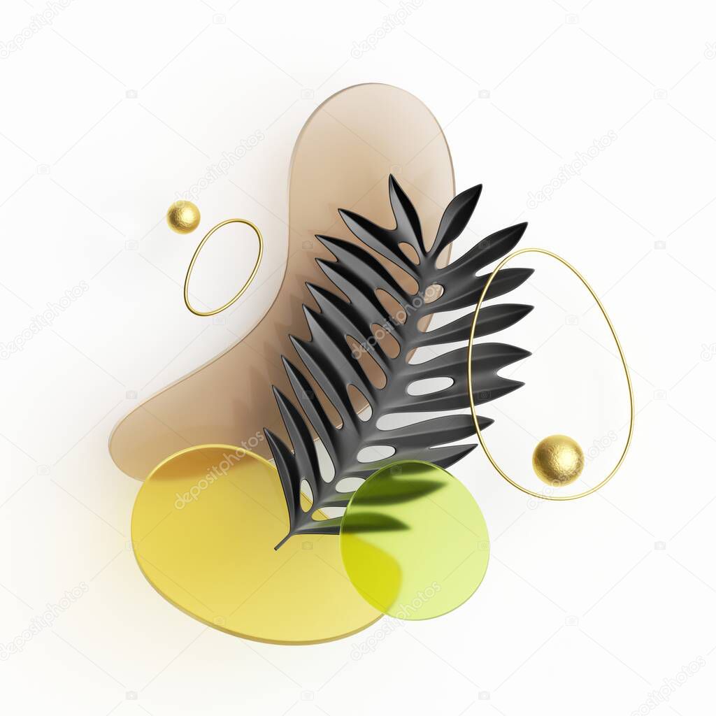 3d render, abstract composition with black paper palm leaf, golden wire and colorful glass shapes isolated on white background