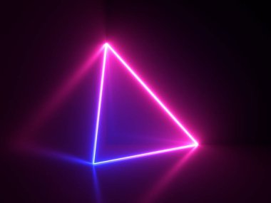 3D görüntüleme, basit geometrik şekilli soyut minimal arkaplan. Köşede, pembe ve mavi neon ışıklarla parlayan bir üçgen var..