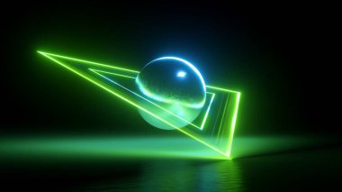 3D render, soyut geometrik şekil neon ışıklı, parlayan yeşil üçgenli metalik top
