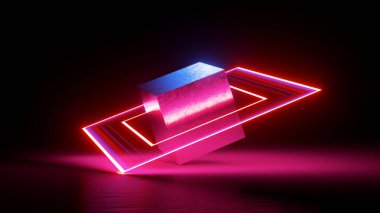 3D işlemeli, soyut geometrik şekilli, neon ışıklı, parlayan kırmızı kareli metalik küp