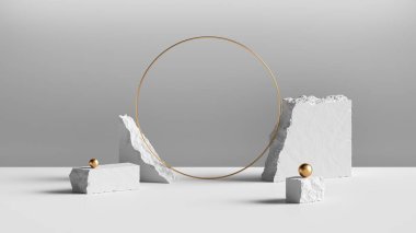 3 boyutlu, soyut arkaplan, beyaz kaldırım taşları ve boş altın yuvarlak çerçeve. Ürün gösterimi için modern minimal vitrin