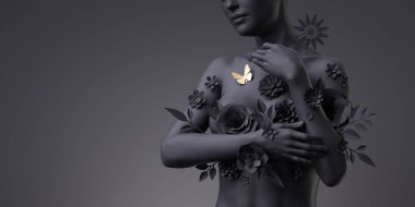 3D çizim, çiçekli kadın büstü, kağıt çiçekler ve altın kelebeklerle süslenmiş siyah manken, siyah arka planda izole edilmiş kadın silueti. Göğüs kanseri desteği. Modern botanik heykeli