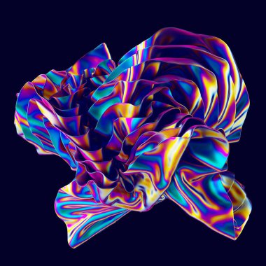 Katmanları ve kıvrımları siyah arkaplanda izole edilmiş, 3D görüntüleme, modern dalgalı şekil, soyut holografik folyo dokusu, renkli yanardöner duvar kağıdı