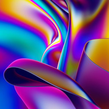 3D çizim, soyut holografik folyo arka plan, pürüzsüz kıvrımlı modern kumaş, yanardöner gökkuşağı duvar kağıdı