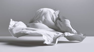3 boyutlu görüntüleme. Soyut moda arka planında beyaz kumaşlar boş odanın içine düşüyor. İpek tekstil rüzgarla savrulur