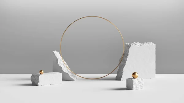 Render Abstracte Achtergrond Met Witte Kasseien Blokken Blanco Gouden Ronde — Stockfoto