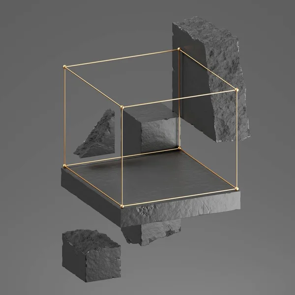 Render Abstract Gray Geometric Background Concrete Stone Broken Blocks Golden — Stock Photo, Image