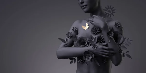 Render Busto Femenino Floral Maniquí Negro Decorado Con Flores Papel — Foto de Stock