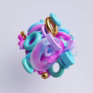 3d oluşturma, soyut renkli geometrik şekiller halkalar ve torus, çeşitli elementler bir araya geldi, sıkıştırılmış yığın beyaz arkaplanda izole edildi