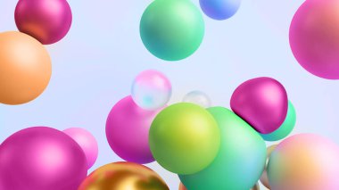 Üç boyutlu, soyut pembe cam ve beyaz arka planda izole edilmiş altın toplar, çeşitli renkli parçacıklar makro. Modern asgari geometrik duvar kağıdı