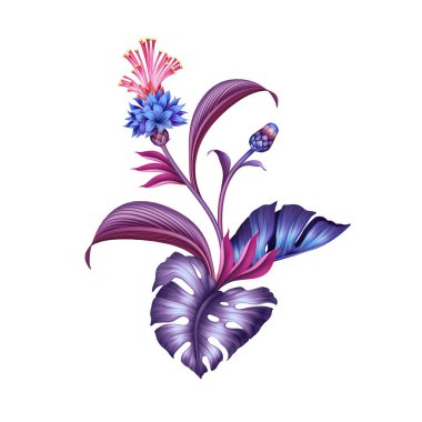 Mavi mor tropikal çiçekli, soyut botanik düzenleme.